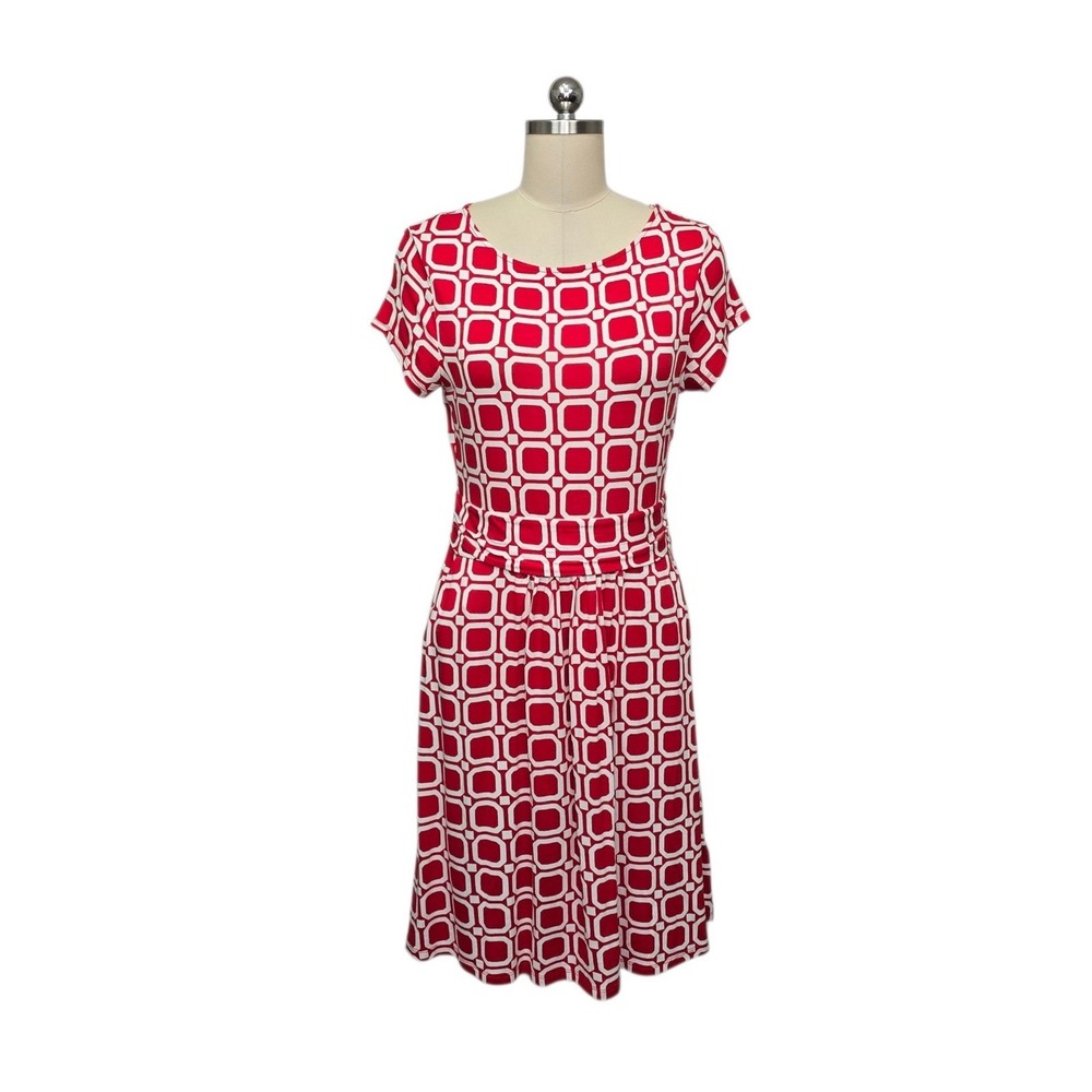 Boden Red White Geometric Link Jersey Dress Short Sleeve US 8R UK‎ 12R EcoVero